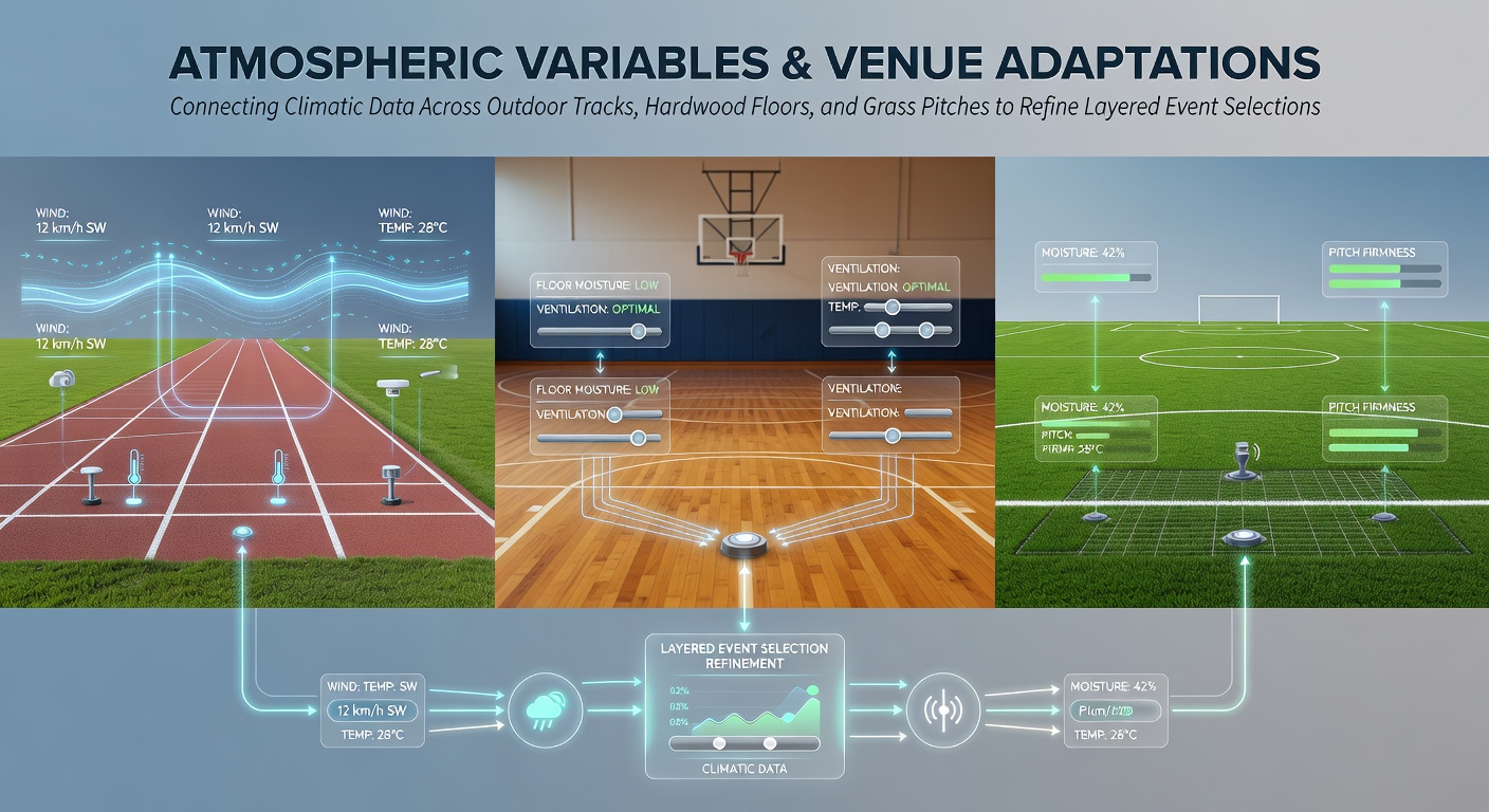 Diagram showing atmospheric variables affecting outdoor tracks, hardwood courts, and grass pitches with overlaid climate data layers
