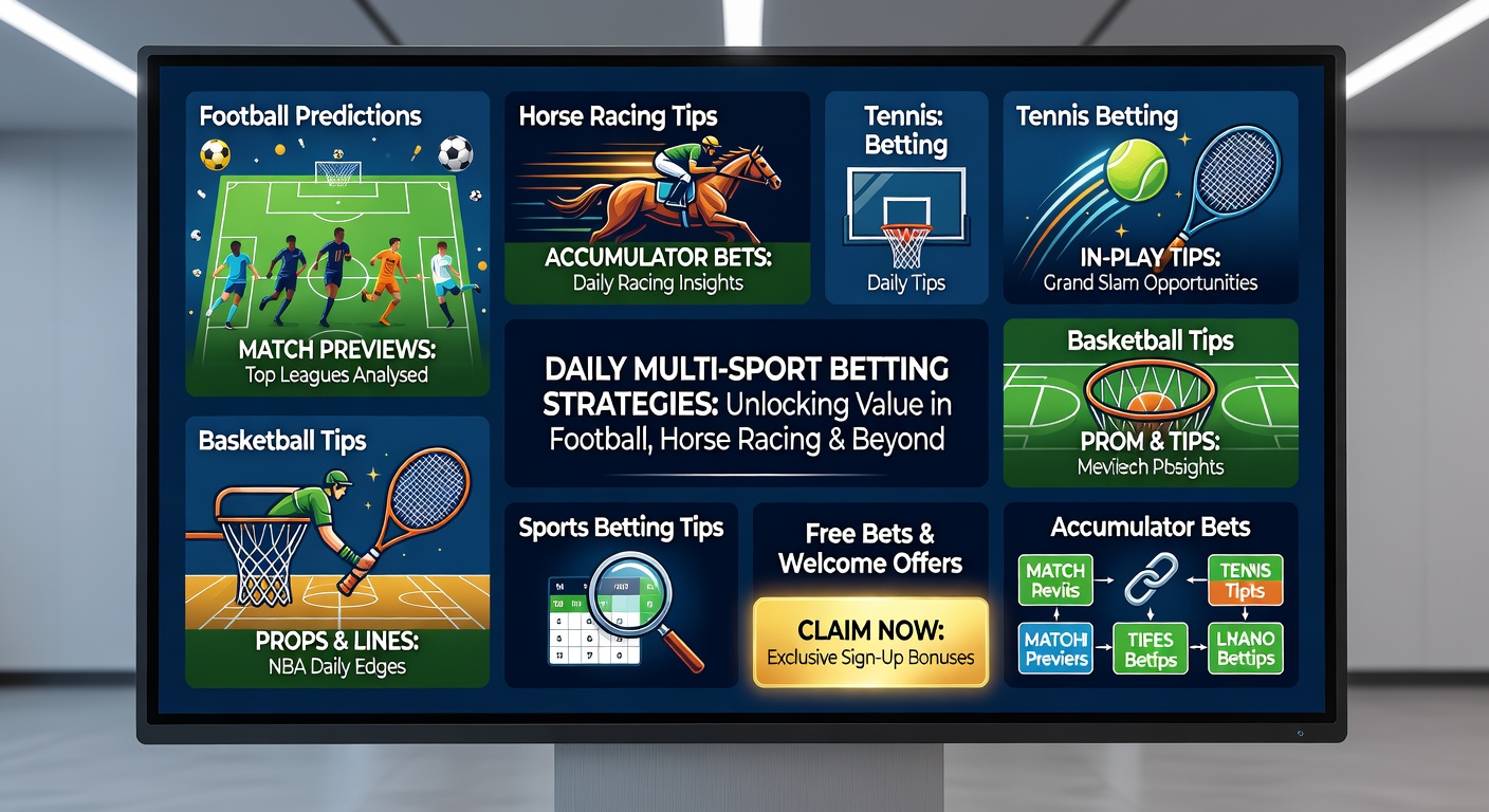 Vibrant collage of football pitches, horse racing tracks, tennis courts, and basketball arenas under spring skies, highlighting accumulator betting excitement