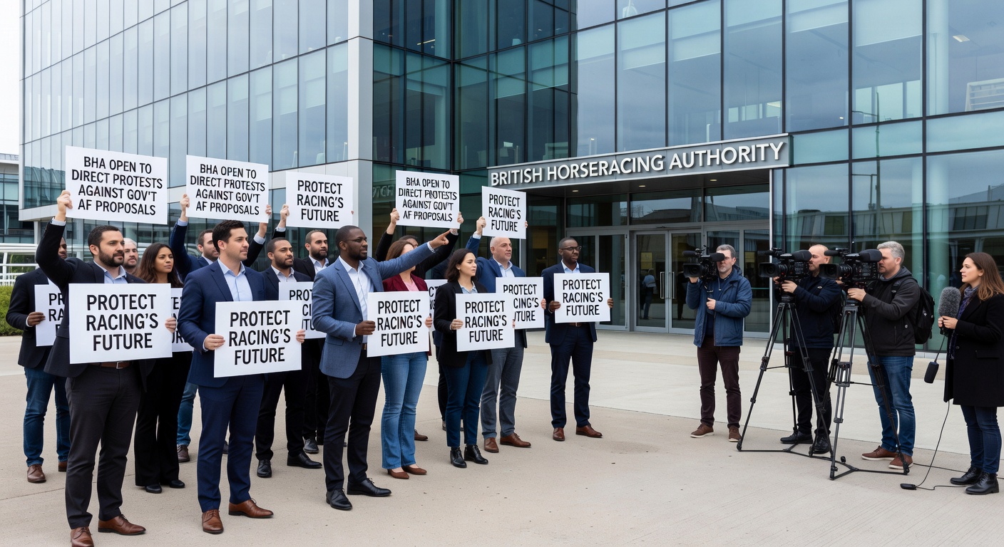 Group of racing industry professionals gathered in protest, holding signs against new gambling regulations, with horse racing track in the background