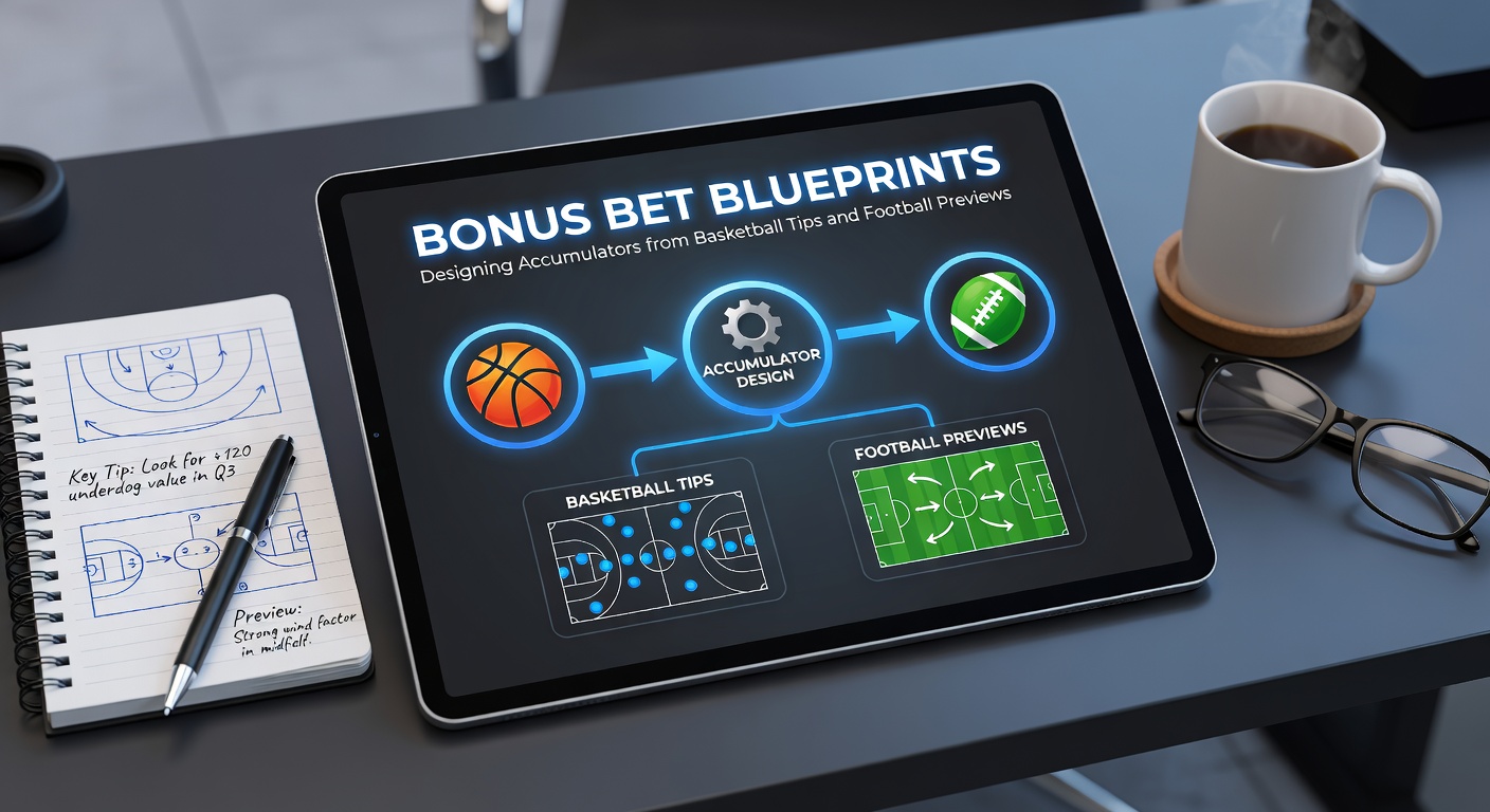 Dynamic graphic showing intertwined basketball and soccer elements forming an accumulator blueprint, with glowing bonus bet icons