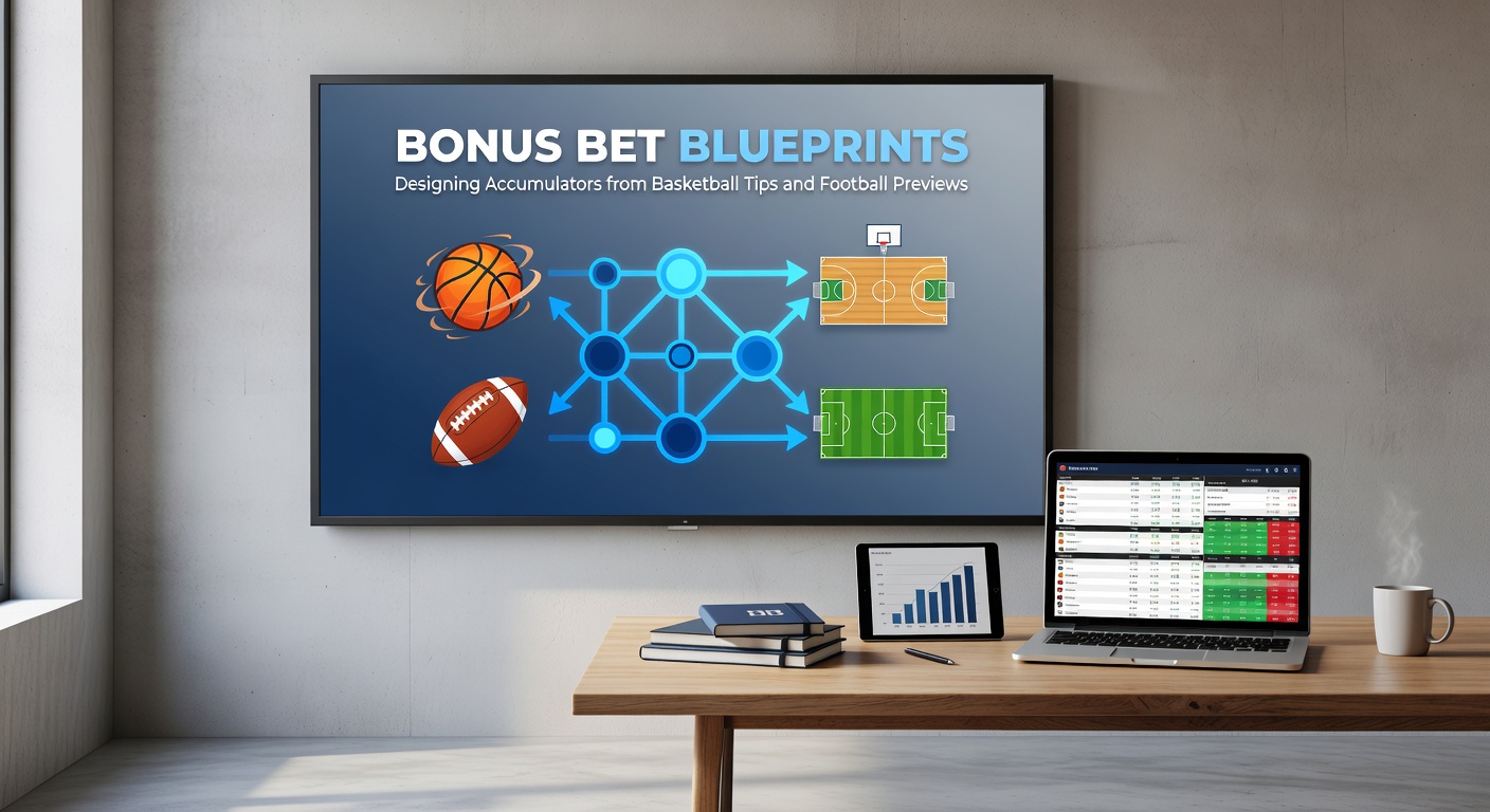 Illustrative blueprint diagram of an accumulator with basketball dribbles morphing into soccer passes, bonus bet multipliers exploding payouts