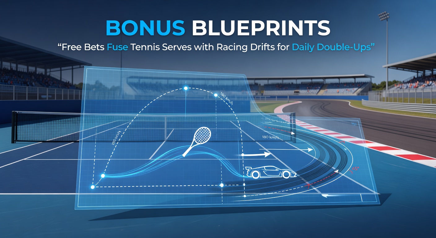 Horse galloping on track with overlaid tennis scoreboard showing serve hold stats and free bet promo graphic