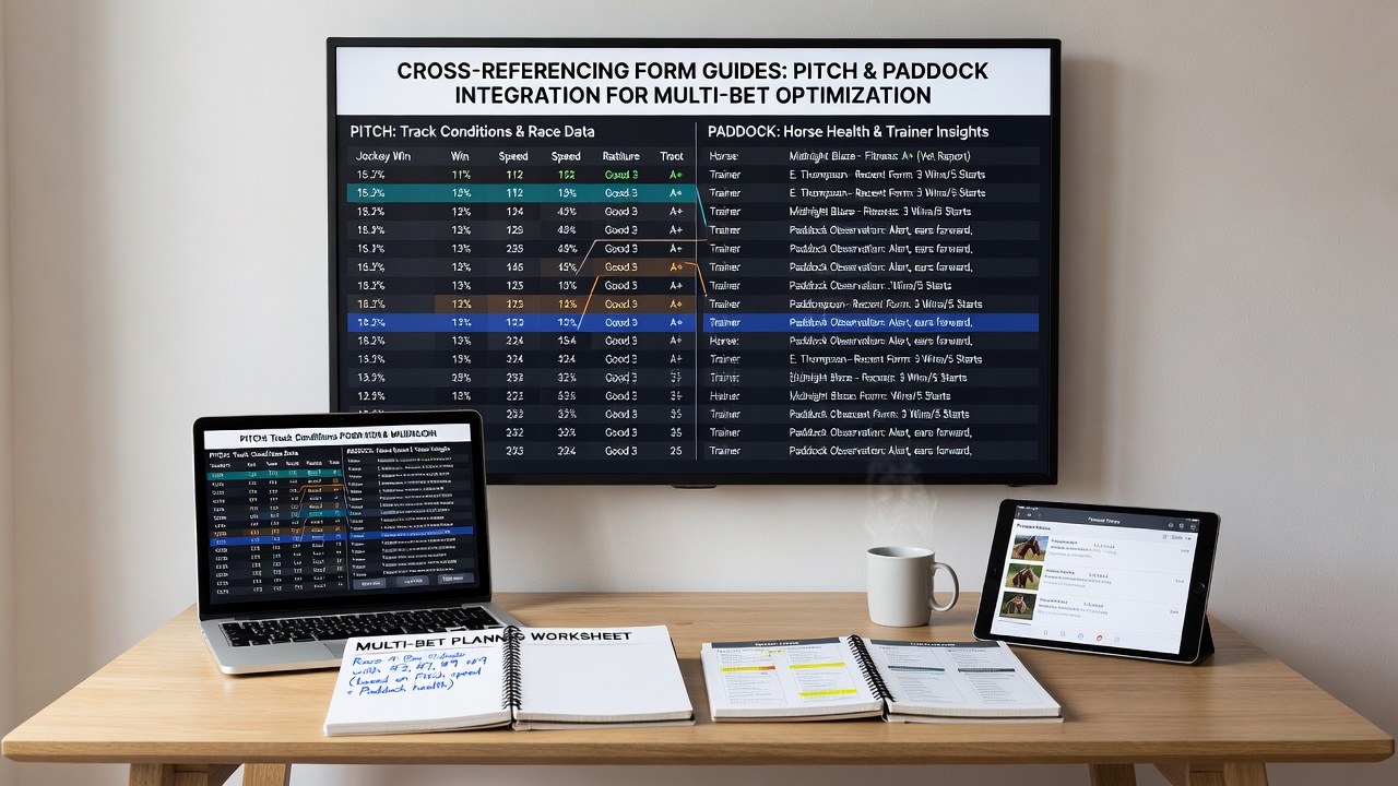 Split-screen display showing football team statistics alongside horse racing speed figures during accumulator construction