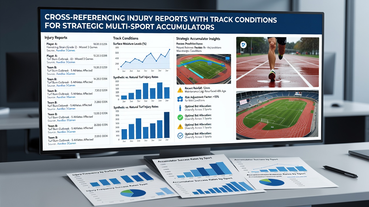Detailed graphic showing injury report icons alongside track condition charts for football, tennis, basketball, and horse racing events