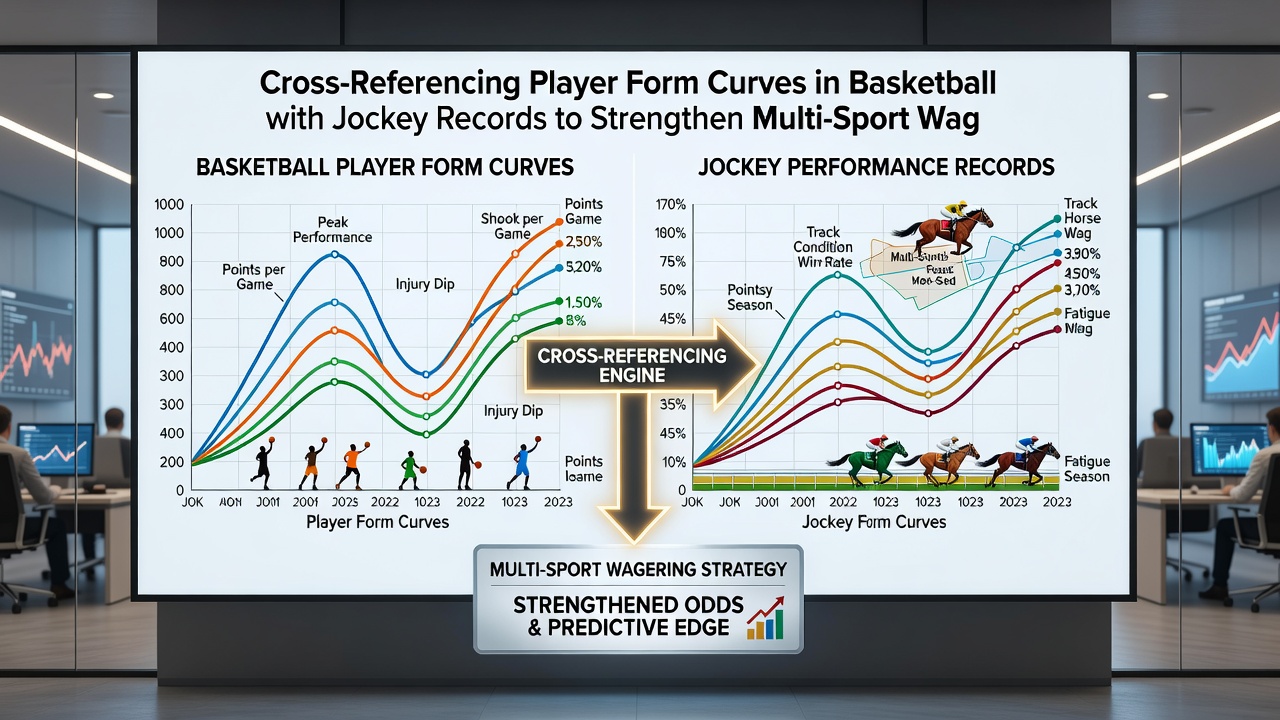 Split image showing basketball player statistics dashboard alongside jockey performance charts and racing form guides