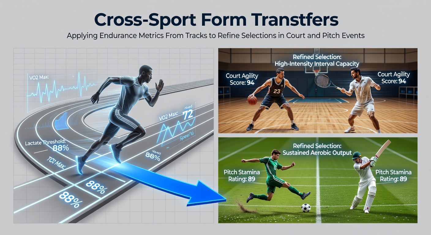 Athletes training on a track with overlaid data metrics showing endurance patterns transitioning to court and pitch sports