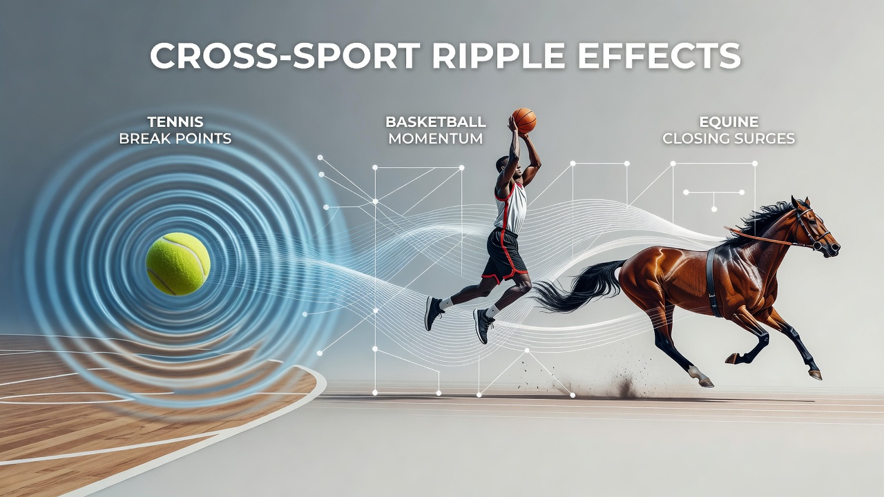 Tennis court break point moments transitioning into basketball momentum visuals and horse racing closing surges