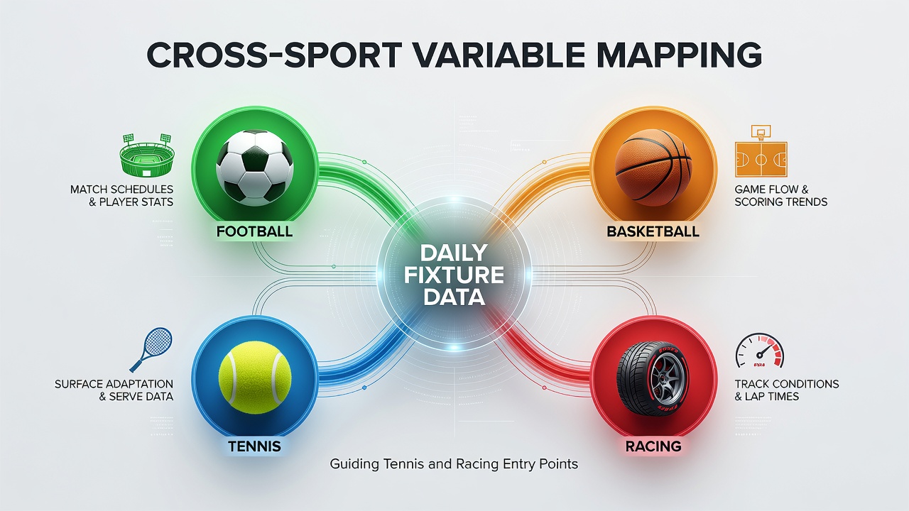 Cross-sport data mapping visualization showing football and basketball fixtures feeding into tennis and racing entry analysis