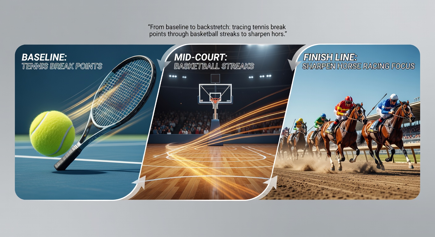Horse racing backstretch with overlay graphics showing momentum data from tennis and basketball