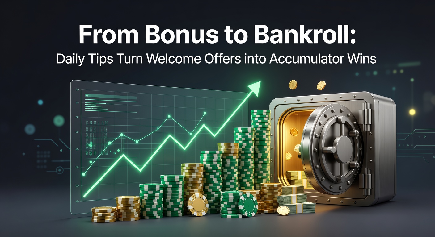 Close-up of a bettor reviewing daily tips on a phone next to a growing bankroll chart from accumulator wins