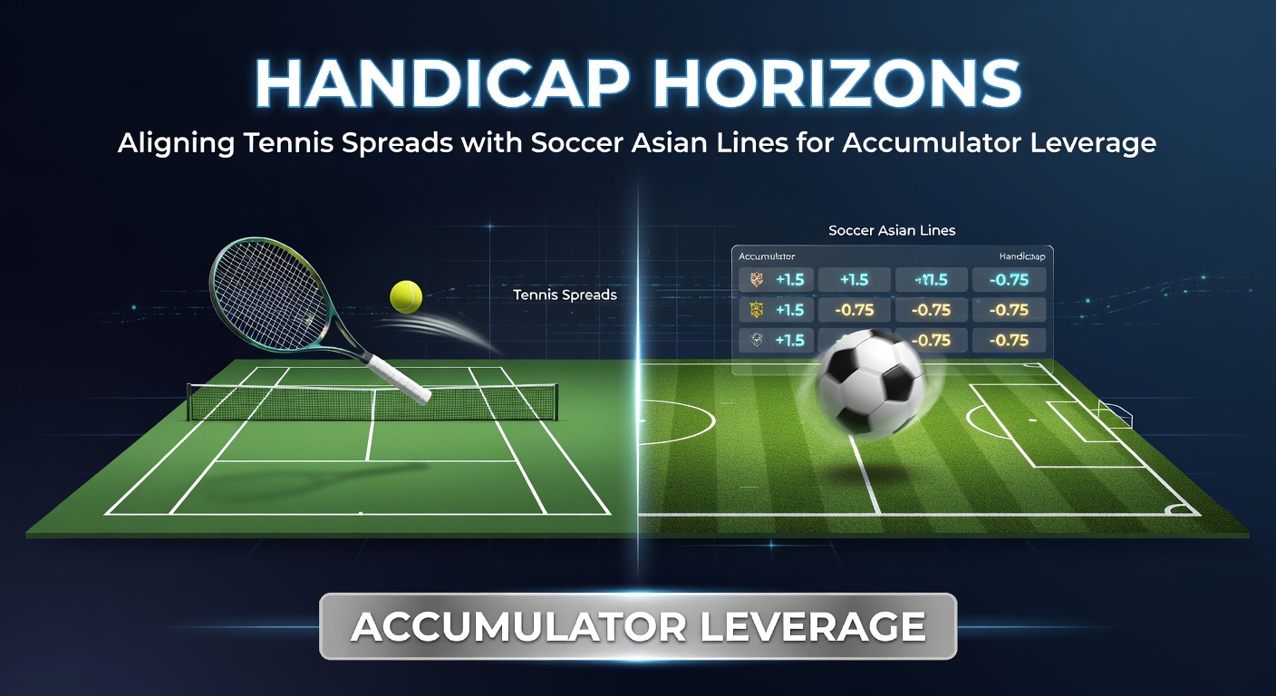 Tennis player serving intensely while a soccer match scoreboard shows Asian handicap lines in the background, illustrating the alignment of spreads for betting accumulators