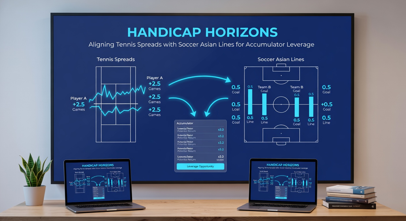 Split graphic showing a tennis handicap spread board next to a soccer Asian line chart, with accumulator payout icons overlayed to demonstrate leverage in combined betting strategies