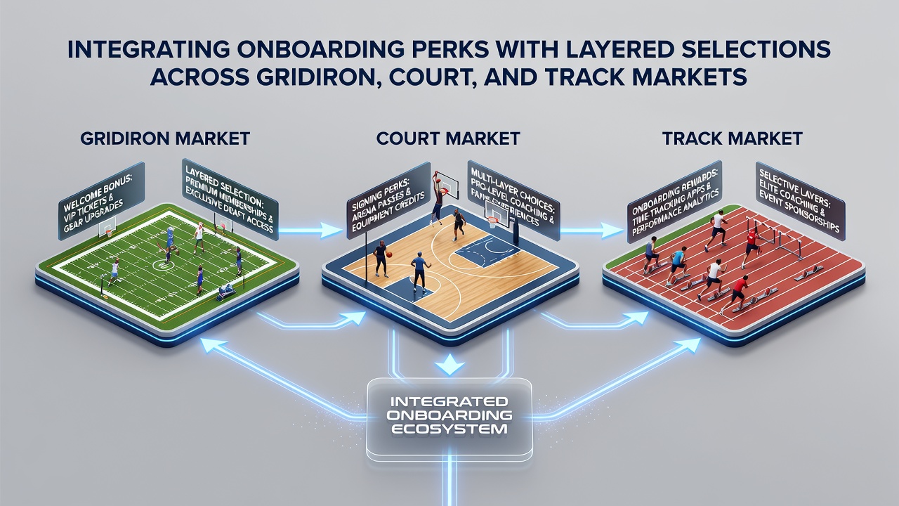 Layered betting slip displaying integrated gridiron, court, and track selections with active onboarding perk balance