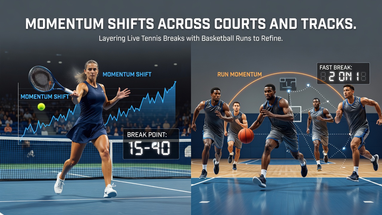 Basketball court scene capturing a team executing a fast break scoring run during a live game