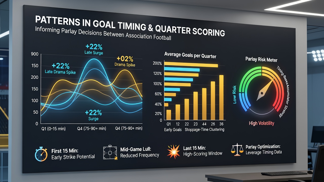 Chart comparing late-match goal frequency in football with fourth-quarter scoring spikes in basketball for parlay timing strategies