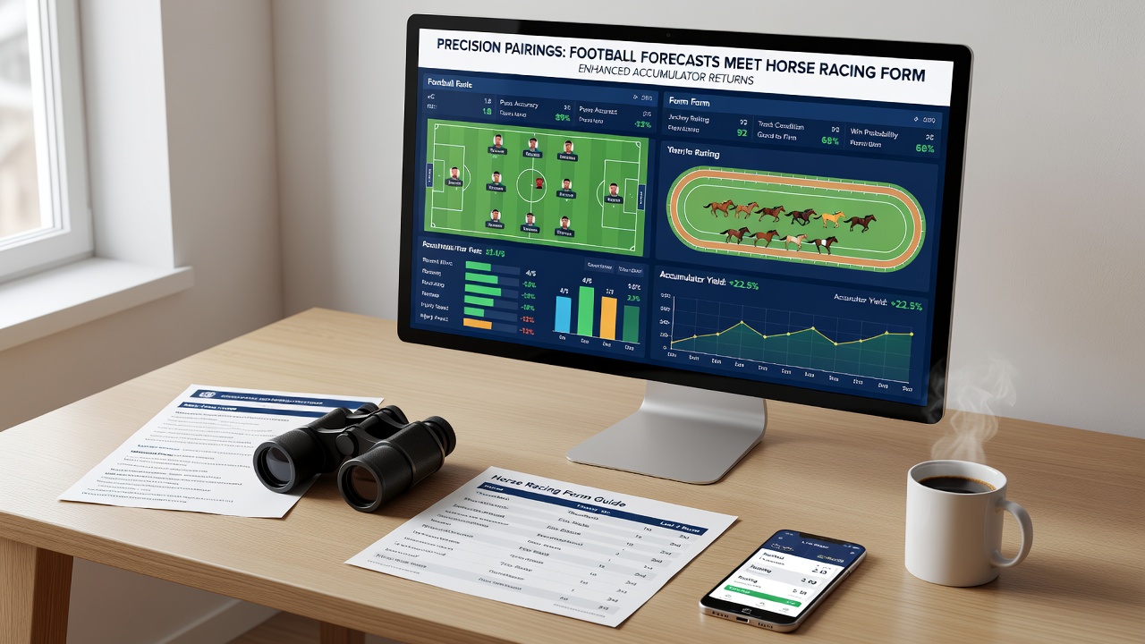 Data charts showing football statistics alongside horse racing form guides for accumulator planning