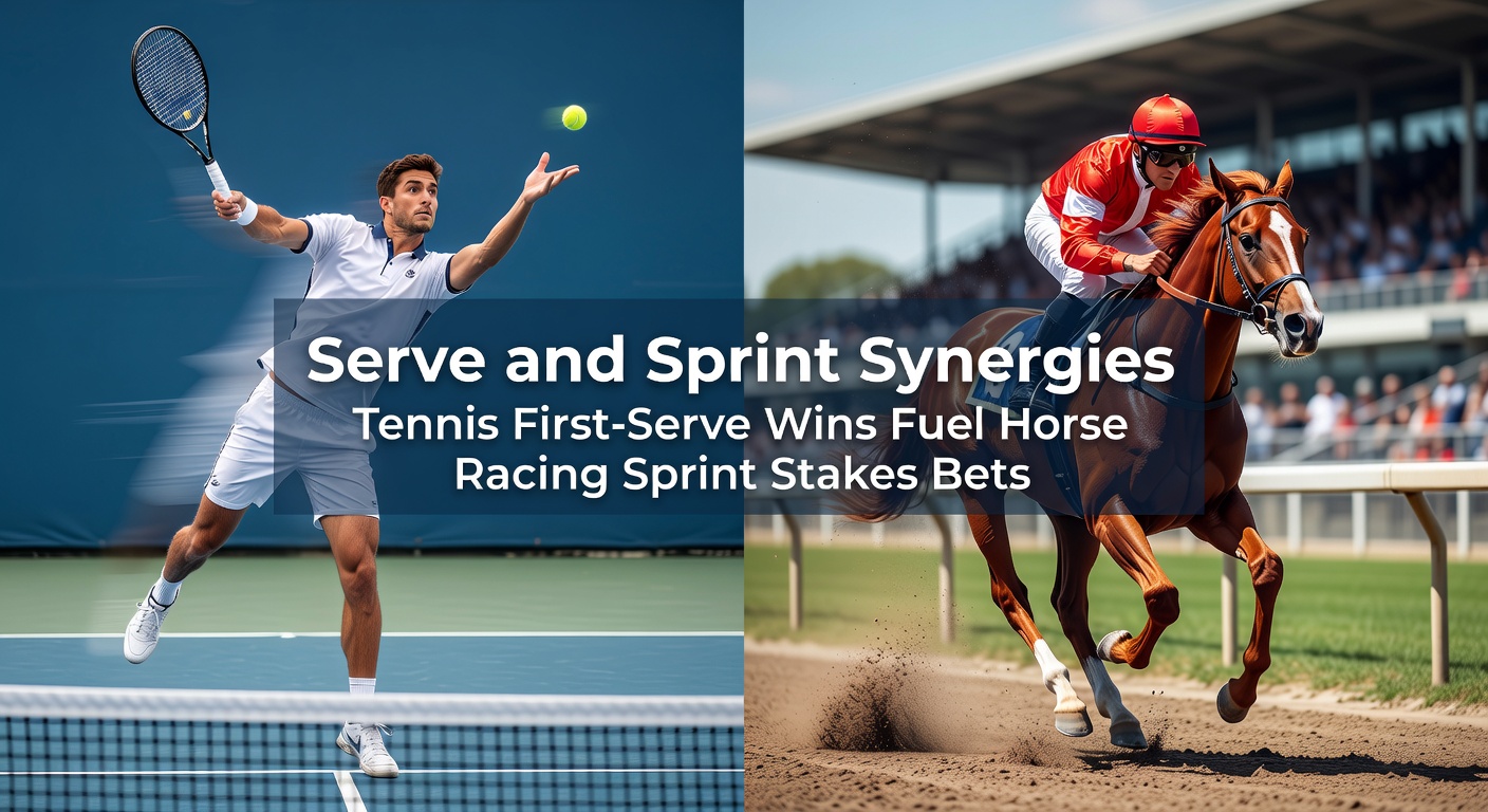 Dynamic split image showing a tennis player acing a first serve on one side and a horse sprinting to victory on the racetrack on the other, highlighting betting synergies