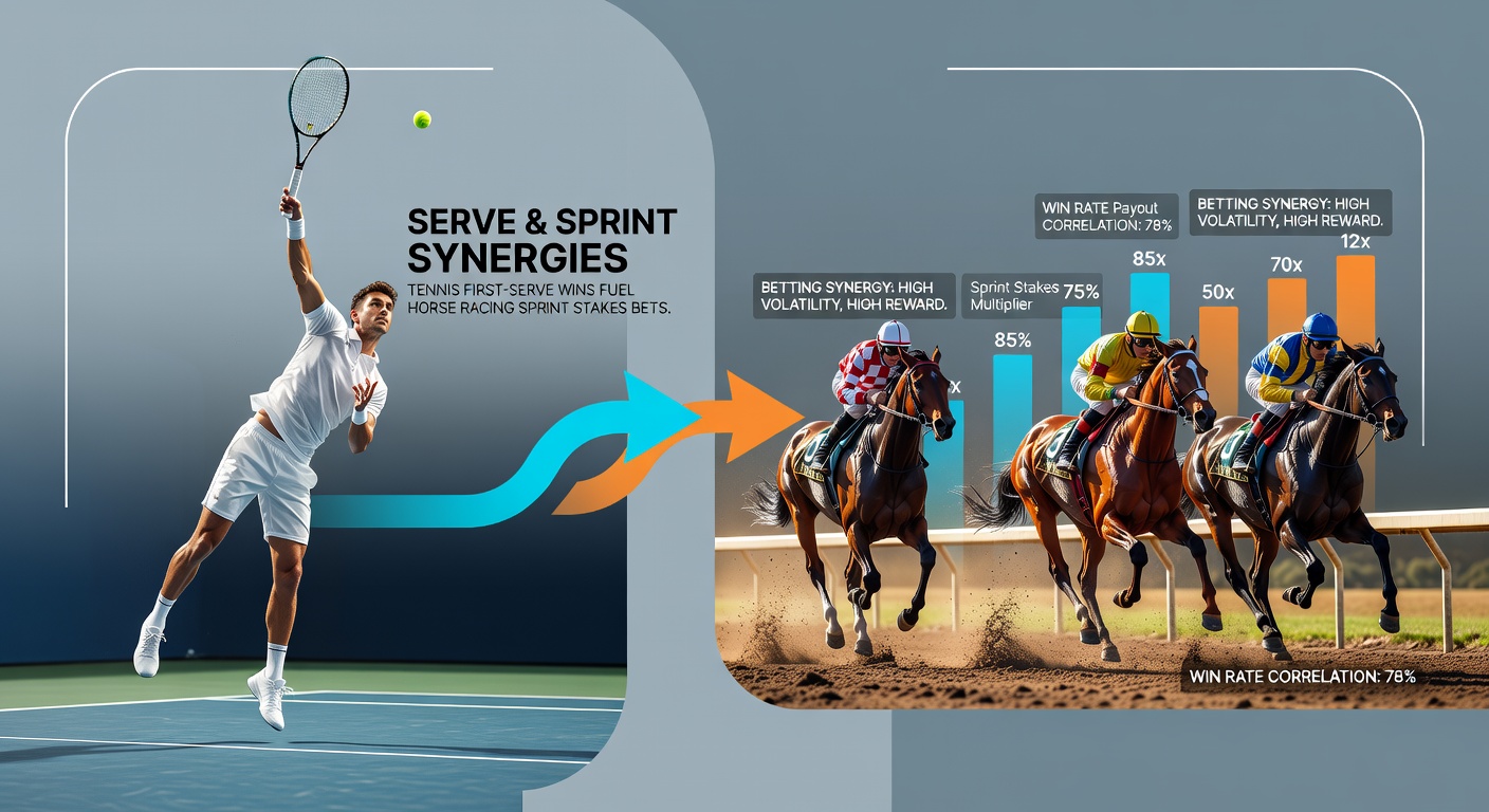 Close-up of tennis racket meeting ball for a powerful serve juxtaposed with horses thundering down the straight in a high-stakes sprint race, symbolizing betting momentum transfer