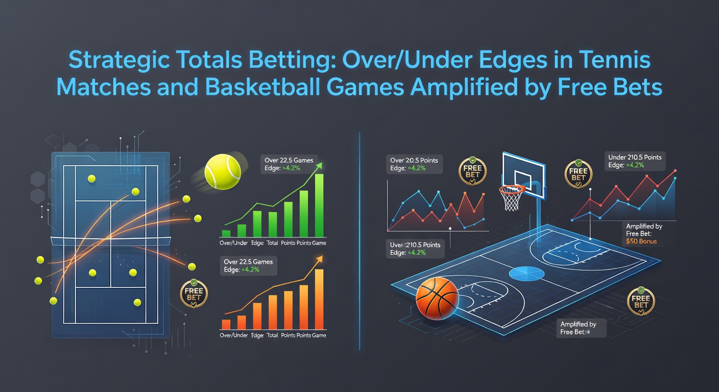 Dynamic split image showing a tennis serve in action alongside a high-scoring basketball play, highlighting over/under betting opportunities