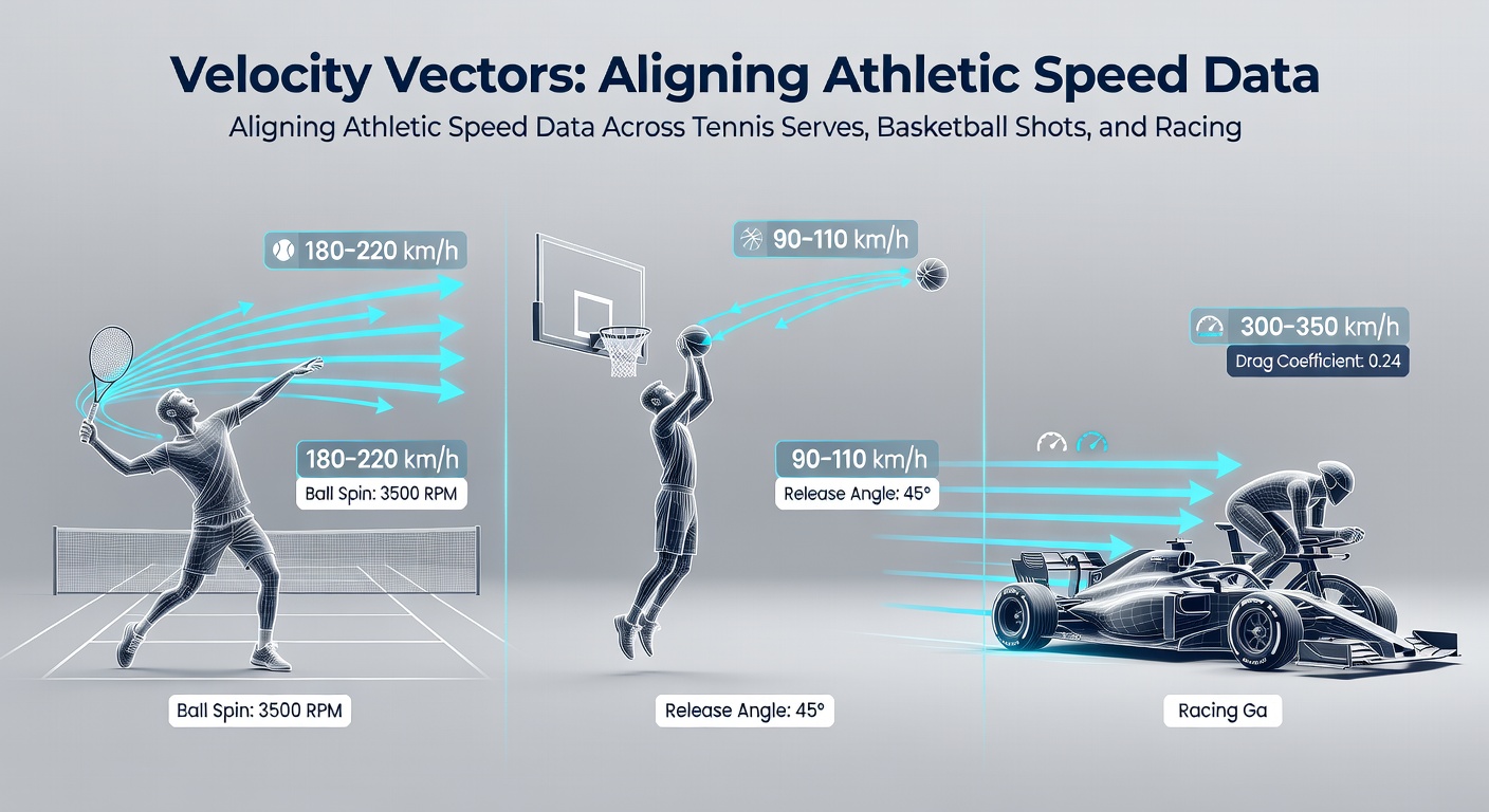 Comparative velocity vector graphs across tennis, basketball, and horse racing events