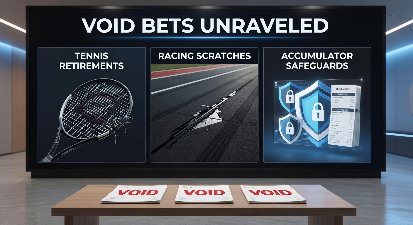 Tennis player retiring mid-match with medical staff attending, alongside a horse racing scratch announcement on a trackside board