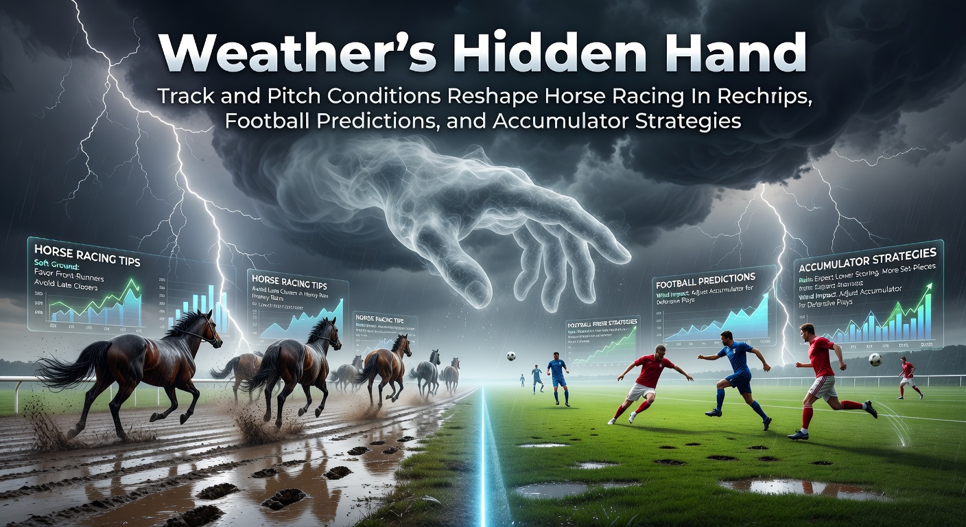 Horse racing on a rain-soaked track, highlighting mud flying from hooves as jockeys navigate challenging conditions