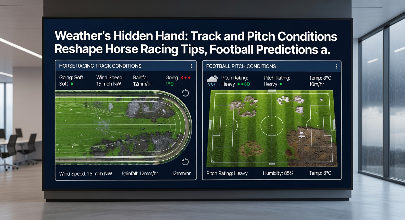 Soccer players slipping on a wet pitch during a stormy match, with rain pouring and ball skidding unpredictably