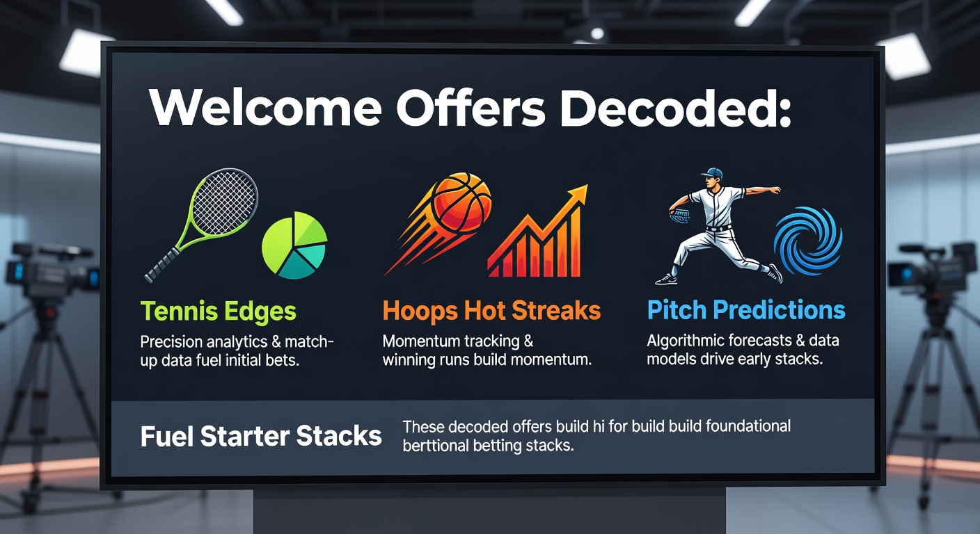 Dynamic collage of a tennis serve in action, a basketball player on a hot streak driving to the hoop, and a soccer player predicting a pitch-side play, illustrating starter bet stacks fueled by sports edges